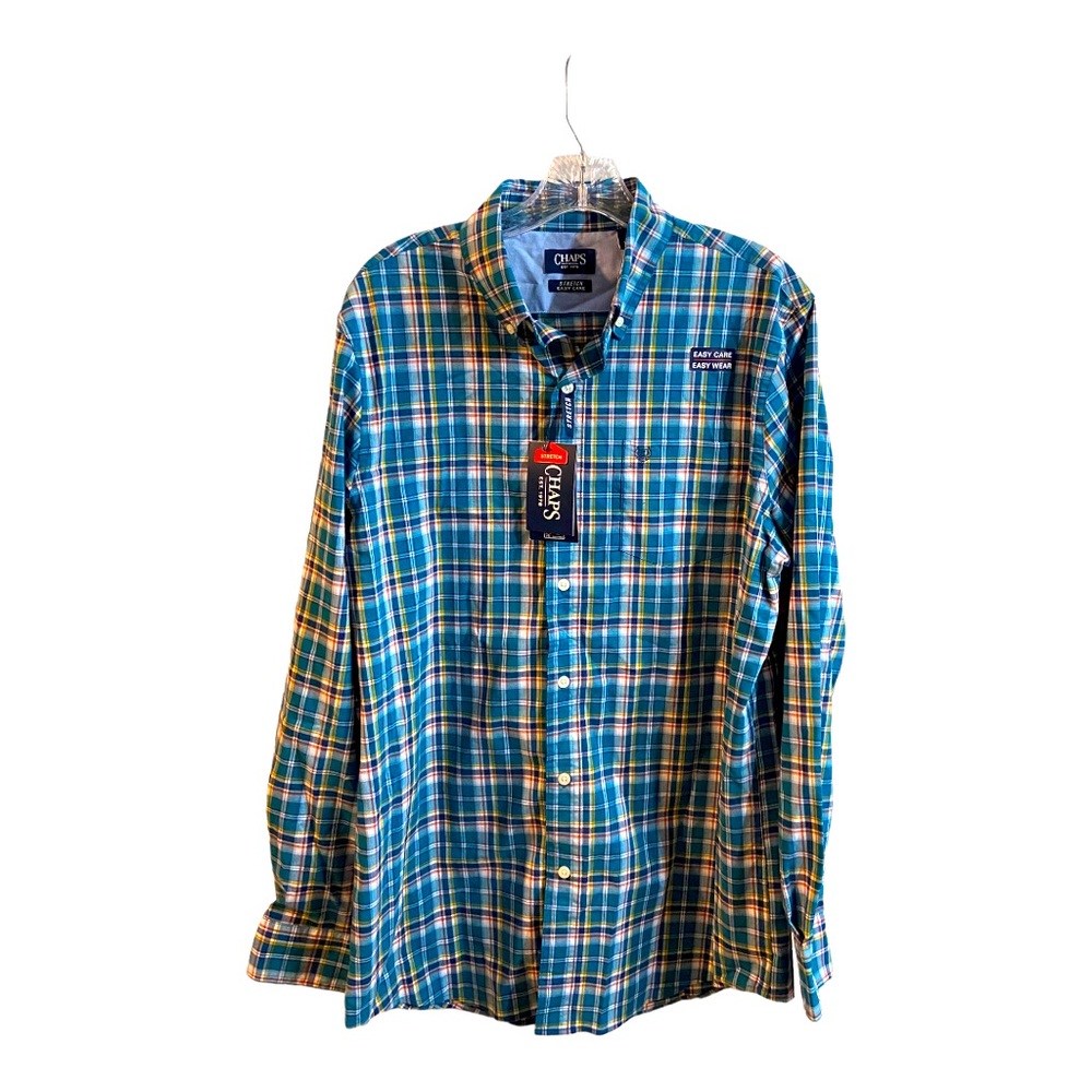 Chaps stretch easy care blue multicolored plaid men’s button down size M NWT